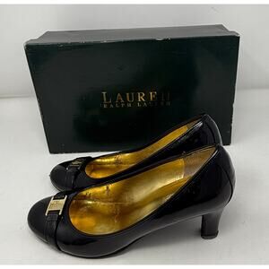 Lauren Ralph Lauren Shelbi Black Patent Slip On Heels Pumps Gold Tone Size 7B